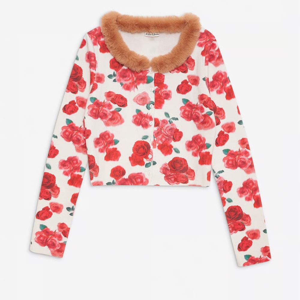 For love & lemons Floral Cardigan with Faux Fur Collar s roses - Picture 3 of 6